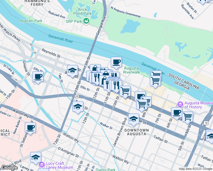 map of restaurants, bars, coffee shops, grocery stores, and more near 1129 Broad Street in Augusta