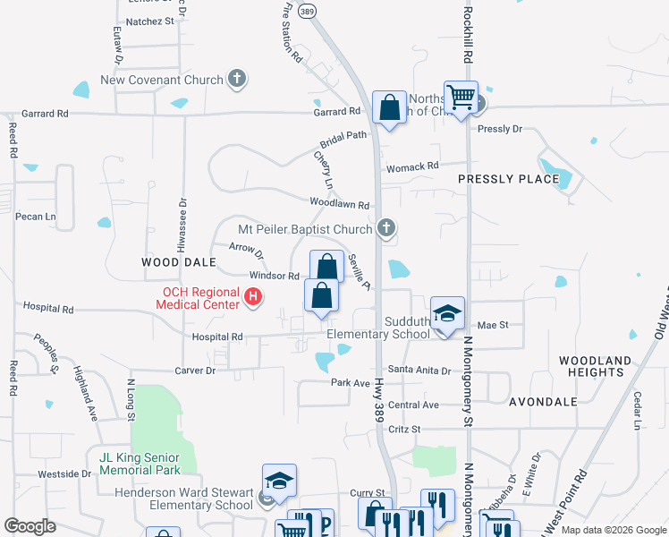 map of restaurants, bars, coffee shops, grocery stores, and more near 100-108 Windsor Road in Starkville