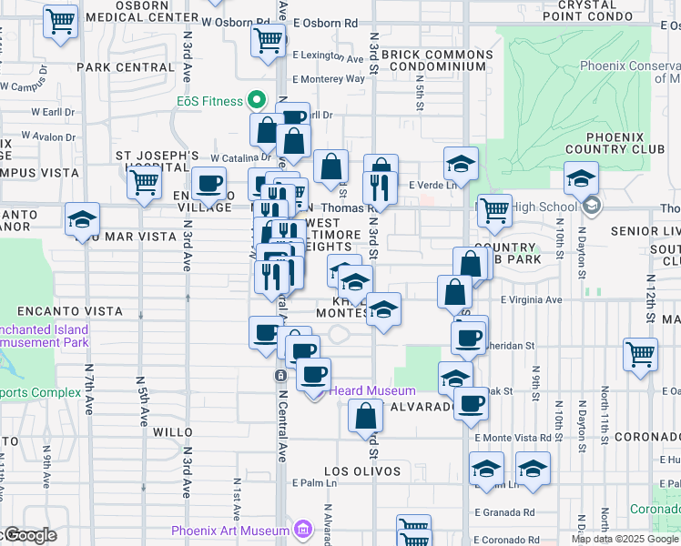 map of restaurants, bars, coffee shops, grocery stores, and more near 206 East Virginia Avenue in Phoenix