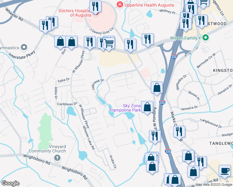map of restaurants, bars, coffee shops, grocery stores, and more near 2218 Larks Court in Augusta