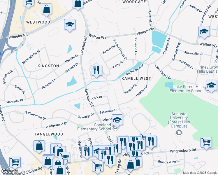 map of restaurants, bars, coffee shops, grocery stores, and more near 934 Courtside Drive in Augusta