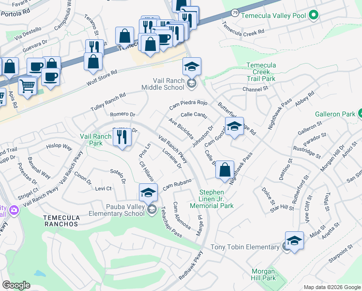map of restaurants, bars, coffee shops, grocery stores, and more near 44743 Johnston Drive in Temecula