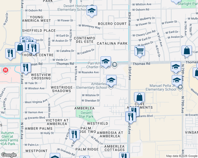 map of restaurants, bars, coffee shops, grocery stores, and more near 8531 West Cambridge Avenue in Phoenix