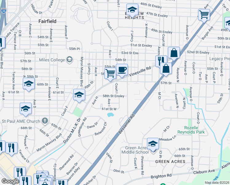 map of restaurants, bars, coffee shops, grocery stores, and more near 5726 Court I in Birmingham