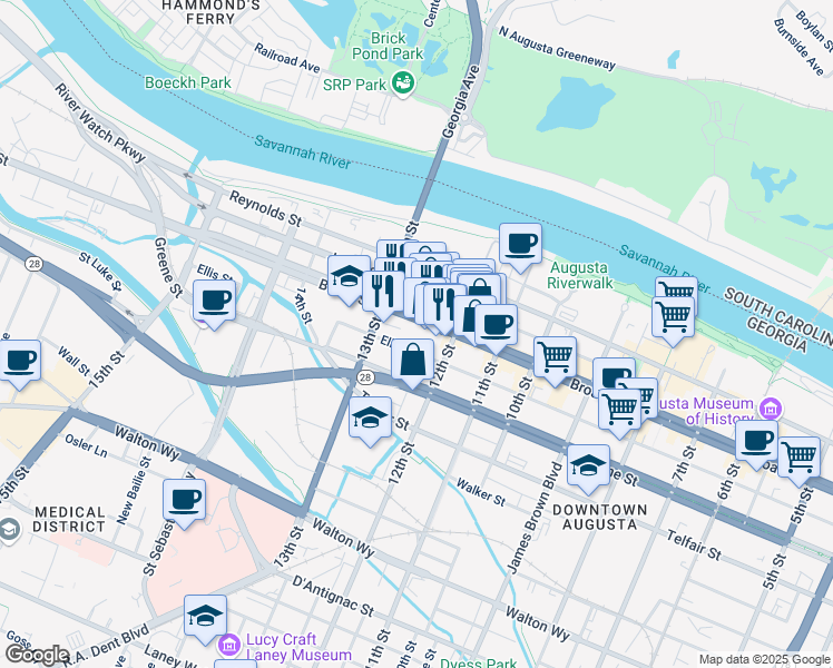 map of restaurants, bars, coffee shops, grocery stores, and more near 221 12th Street in Augusta