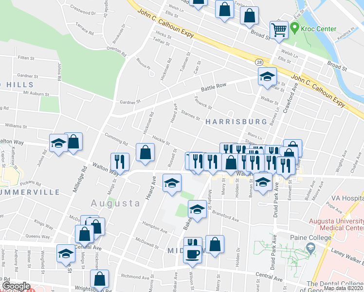 map of restaurants, bars, coffee shops, grocery stores, and more near 2061 Heckle Street in Augusta
