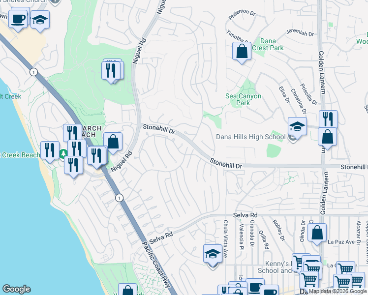 map of restaurants, bars, coffee shops, grocery stores, and more near 33412 Padina Circle in Dana Point