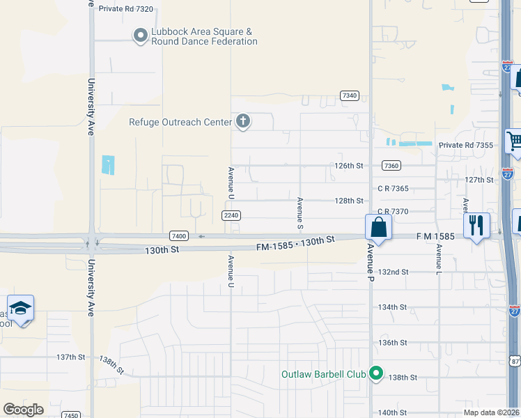 map of restaurants, bars, coffee shops, grocery stores, and more near 1933 128th Street in Lubbock