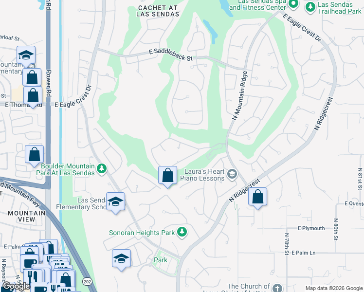 map of restaurants, bars, coffee shops, grocery stores, and more near 3430 North Mountain Ridge in Mesa