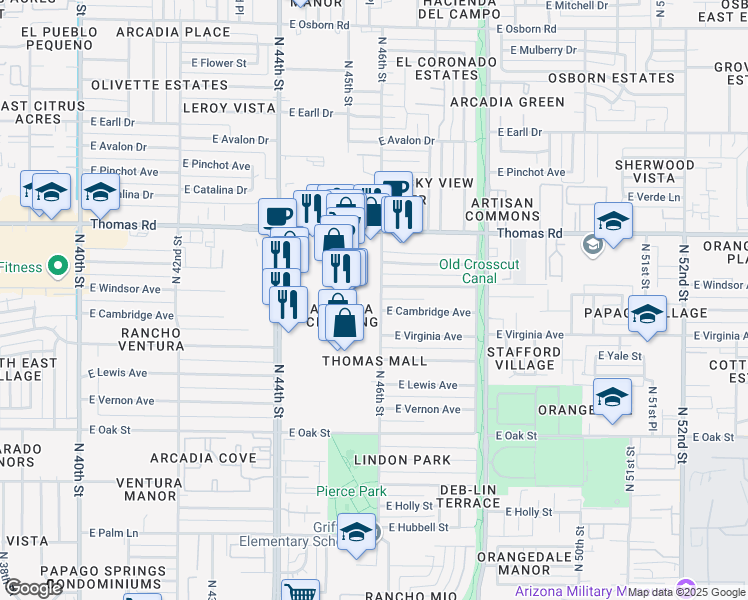 map of restaurants, bars, coffee shops, grocery stores, and more near 4601 East Cambridge Avenue in Phoenix