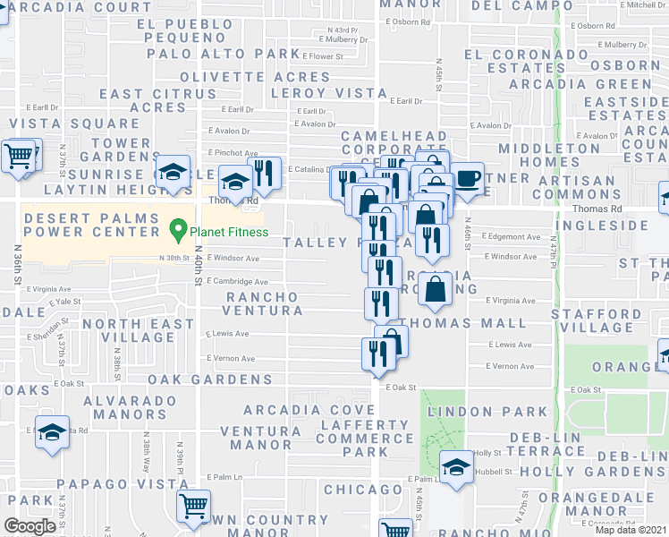 map of restaurants, bars, coffee shops, grocery stores, and more near 2600 North 44th Street in Phoenix