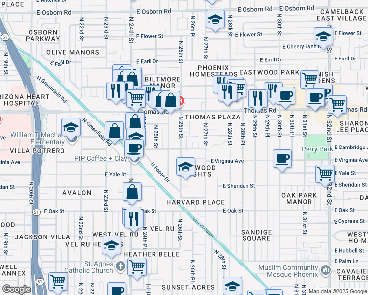 map of restaurants, bars, coffee shops, grocery stores, and more near 2620 North 26th Street in Phoenix