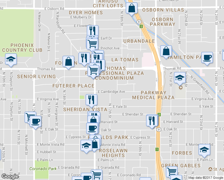 map of restaurants, bars, coffee shops, grocery stores, and more near 2630 North 17th Street in Phoenix