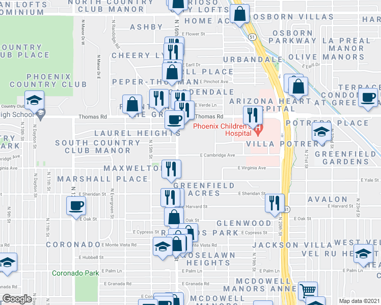 map of restaurants, bars, coffee shops, grocery stores, and more near 1611 East Cambridge Avenue in Phoenix
