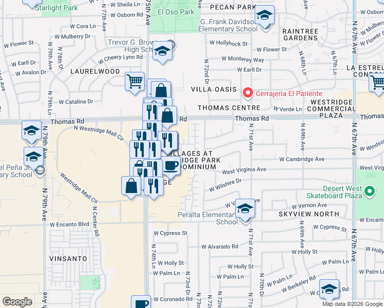 map of restaurants, bars, coffee shops, grocery stores, and more near 2625 North 73rd Drive in Phoenix