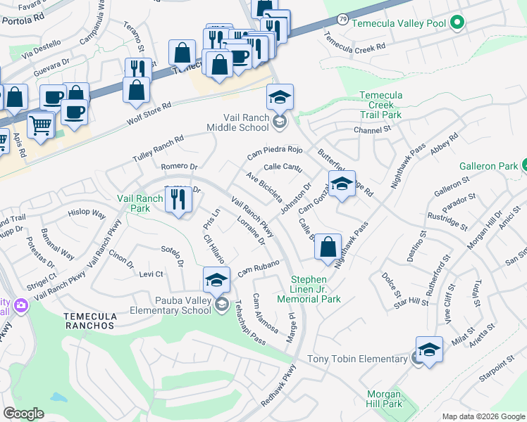 map of restaurants, bars, coffee shops, grocery stores, and more near 44743 Johnston Drive in Temecula