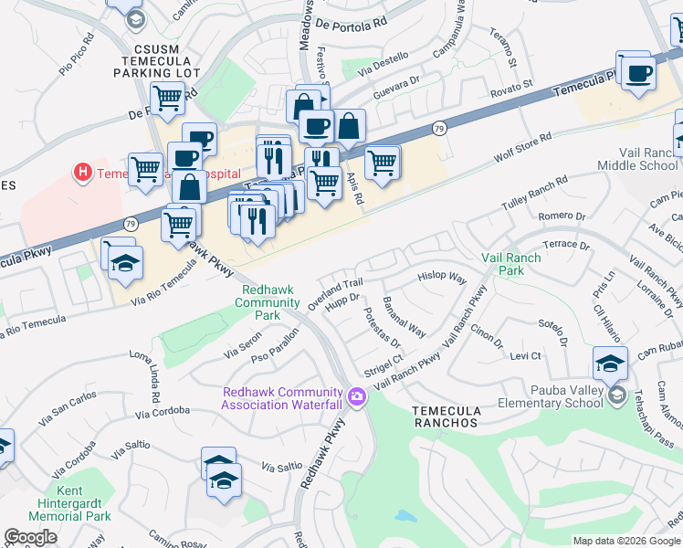 map of restaurants, bars, coffee shops, grocery stores, and more near 44699 Springvail Court in Temecula