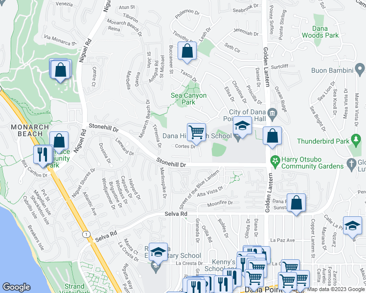map of restaurants, bars, coffee shops, grocery stores, and more near 24341 De Leon Drive in Dana Point
