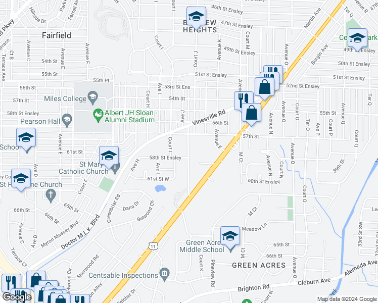 map of restaurants, bars, coffee shops, grocery stores, and more near 937 58th Street Ensley in Birmingham