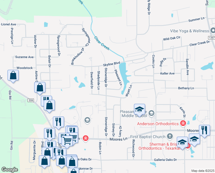 map of restaurants, bars, coffee shops, grocery stores, and more near 6006 Pleasant Lane in Texarkana
