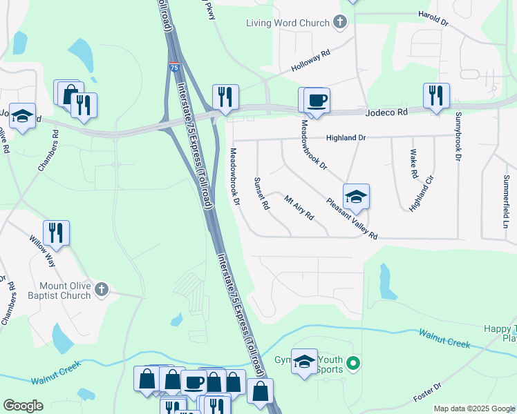 map of restaurants, bars, coffee shops, grocery stores, and more near 165 Meadowbrook Drive in McDonough