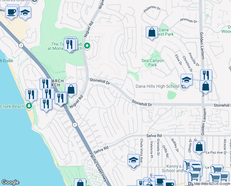 map of restaurants, bars, coffee shops, grocery stores, and more near 33412 Padina Circle in Dana Point