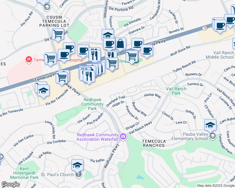 map of restaurants, bars, coffee shops, grocery stores, and more near 44675 Brookvail Court in Temecula