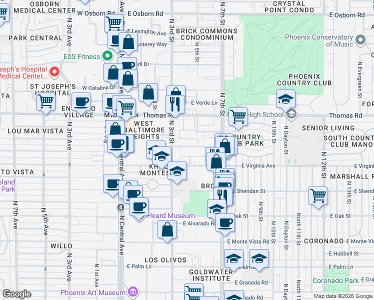 map of restaurants, bars, coffee shops, grocery stores, and more near 327 E Windsor Ave in Phoenix