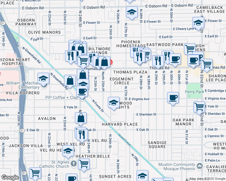 map of restaurants, bars, coffee shops, grocery stores, and more near 2620 North 26th Street in Phoenix