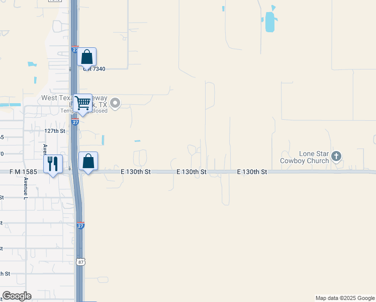 map of restaurants, bars, coffee shops, grocery stores, and more near 215 East Fm 1585 in Lubbock
