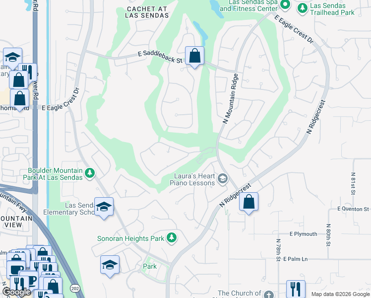 map of restaurants, bars, coffee shops, grocery stores, and more near 3430 North Mountain Ridge in Mesa