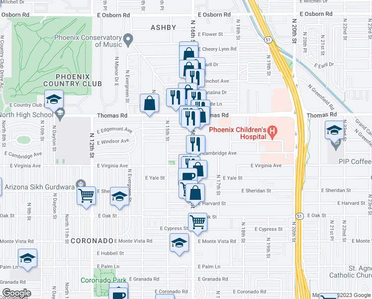 map of restaurants, bars, coffee shops, grocery stores, and more near 1536 East Cambridge Avenue in Phoenix