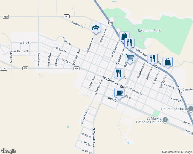 map of restaurants, bars, coffee shops, grocery stores, and more near 400-498 Miller Avenue in Spur