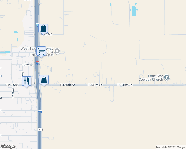 map of restaurants, bars, coffee shops, grocery stores, and more near 215 East Fm 1585 in Lubbock