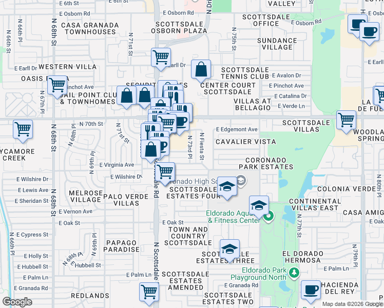 map of restaurants, bars, coffee shops, grocery stores, and more near 2648 North Fiesta Street in Scottsdale