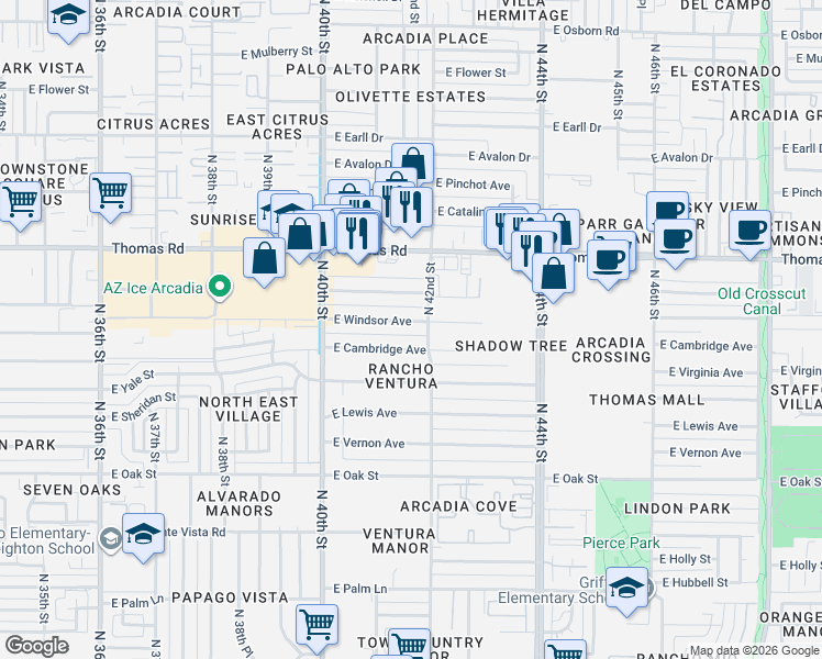 map of restaurants, bars, coffee shops, grocery stores, and more near 4140 East Windsor Avenue in Phoenix