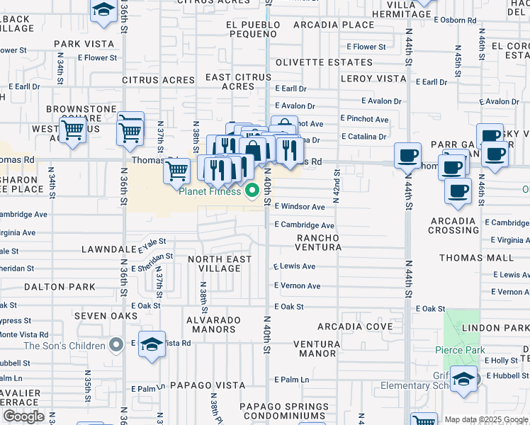 map of restaurants, bars, coffee shops, grocery stores, and more near 3975 East Thomas Road in Phoenix