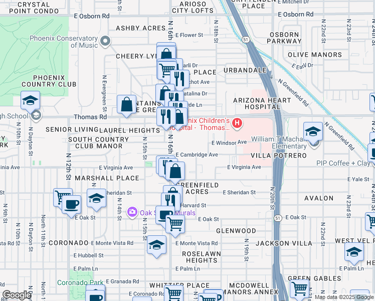 map of restaurants, bars, coffee shops, grocery stores, and more near 1645 East Thomas Road in Phoenix