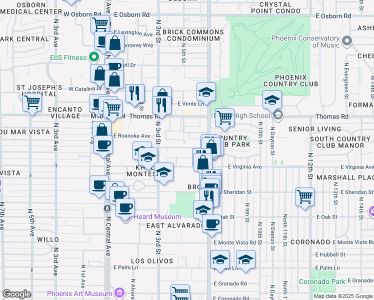 map of restaurants, bars, coffee shops, grocery stores, and more near 501 East Roanoke Avenue in Phoenix
