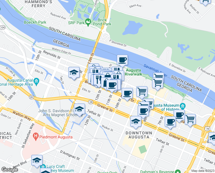 map of restaurants, bars, coffee shops, grocery stores, and more near in Augusta