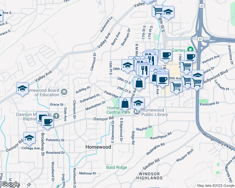 map of restaurants, bars, coffee shops, grocery stores, and more near 1612 29th Court South in Birmingham