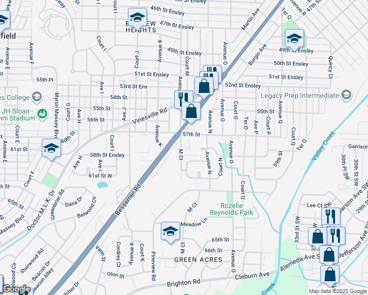 map of restaurants, bars, coffee shops, grocery stores, and more near 1215 Bessemer Road in Birmingham