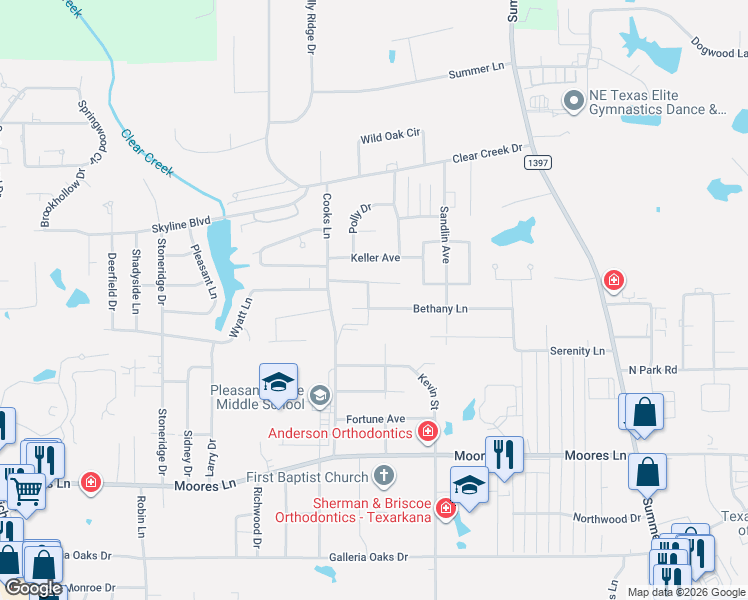 map of restaurants, bars, coffee shops, grocery stores, and more near 3006 Brittney Lane in Texarkana