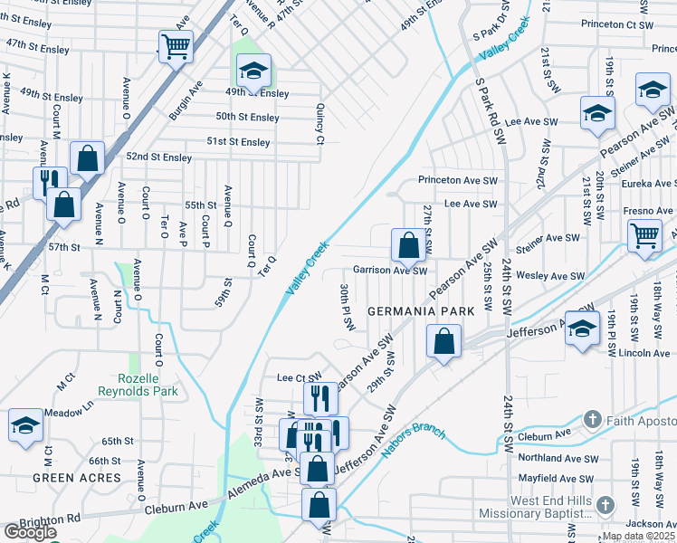 map of restaurants, bars, coffee shops, grocery stores, and more near 2957 Steiner Court Southwest in Birmingham