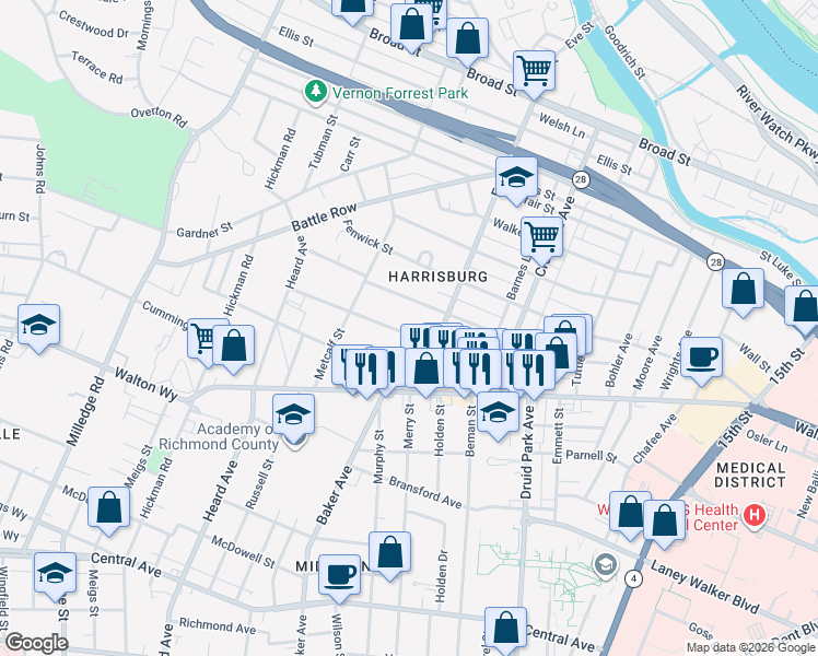 map of restaurants, bars, coffee shops, grocery stores, and more near 1918 Starnes Street in Augusta