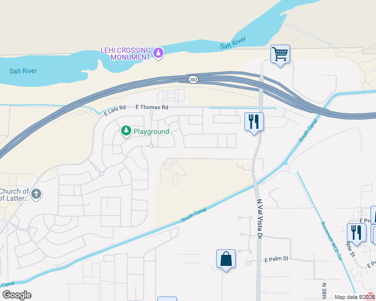 map of restaurants, bars, coffee shops, grocery stores, and more near 3319 East Riverdale Street in Mesa