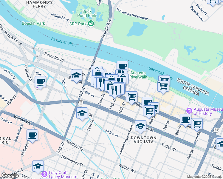 map of restaurants, bars, coffee shops, grocery stores, and more near in Augusta