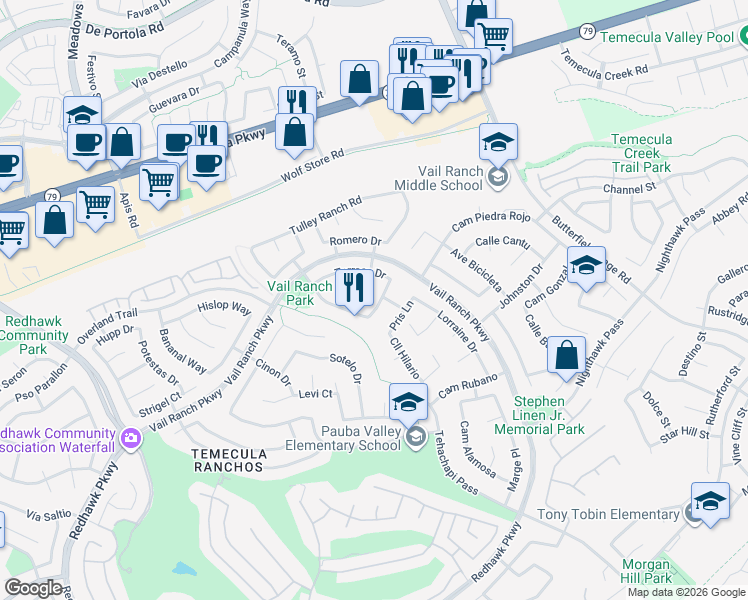 map of restaurants, bars, coffee shops, grocery stores, and more near 33116 Harmony Lane in Temecula