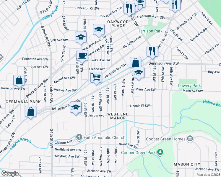 map of restaurants, bars, coffee shops, grocery stores, and more near 1213 18th Place Southwest in Birmingham