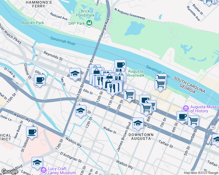 map of restaurants, bars, coffee shops, grocery stores, and more near 1133 Jones Street in Augusta